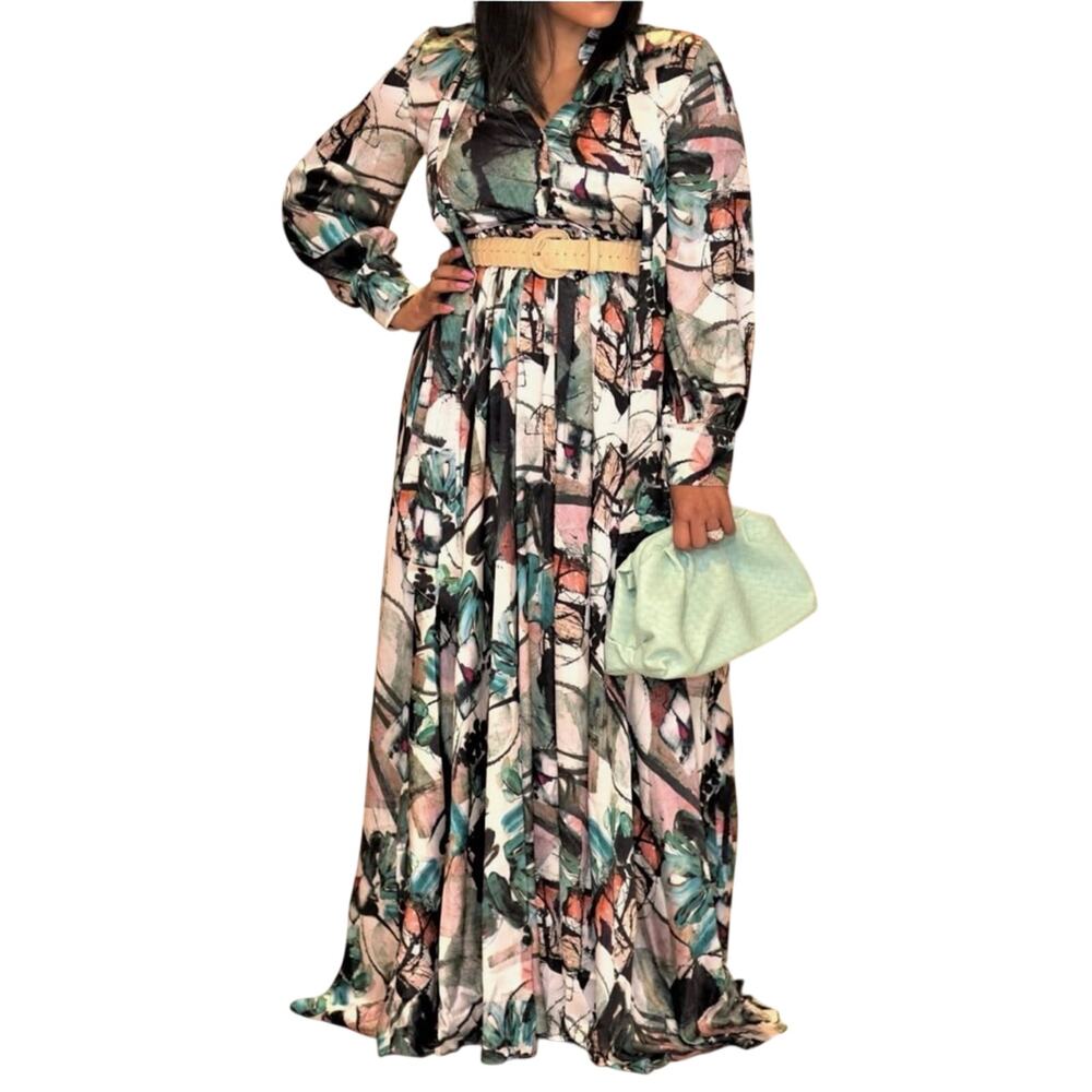 Abstract Watercolor Satin Maxi Dress wearable art Boho Wedding Guest NWT S
